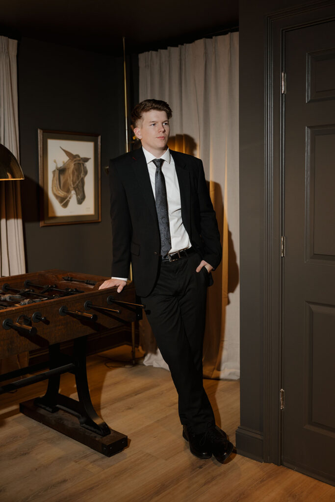 Groom’s suite at Abbott Mansion wedding venue in Cleveland Georgia with refined interior design