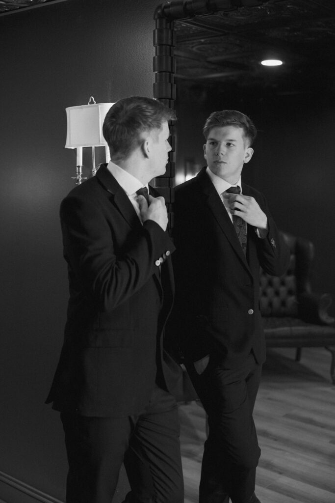 Groom’s suite at Abbott Mansion wedding venue in Cleveland Georgia with refined interior design